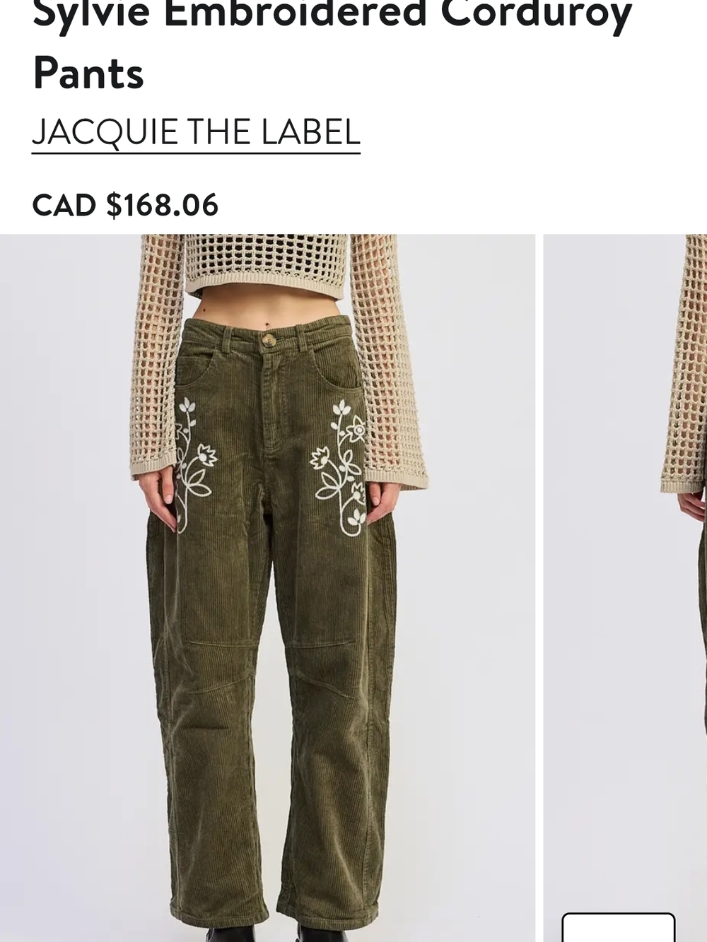 NWT Jacquie The Label SYLVIE Embroidered Barrel-leg Corduroy Olive - Picture 10 of 10